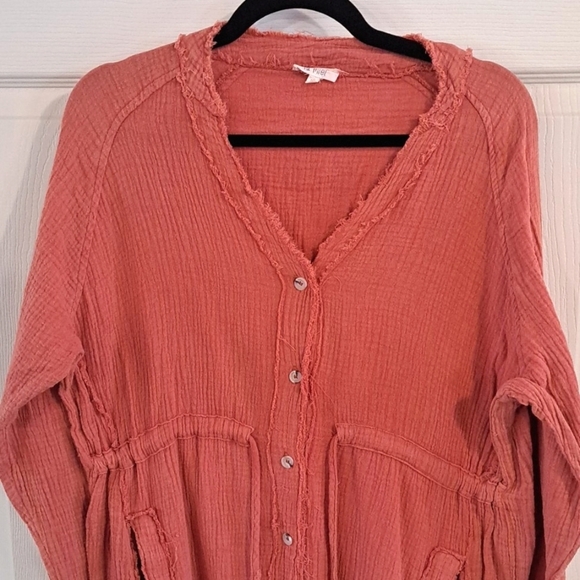 La Miel Burnt Orange Gauze Shirt Jacket Boutique Tunic Draw String Comfort Dress - Picture 4 of 9